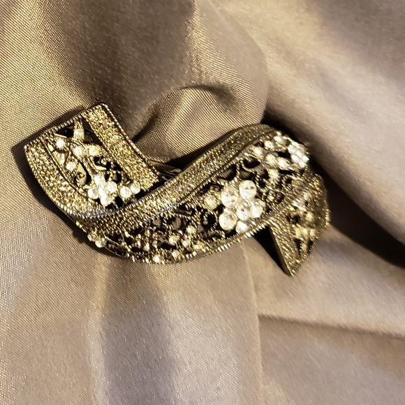 RARE  Vintage Scroll Work Floral Jeweled Metal Barrette Heavy Crystals Heirloom - Picture 5 of 9